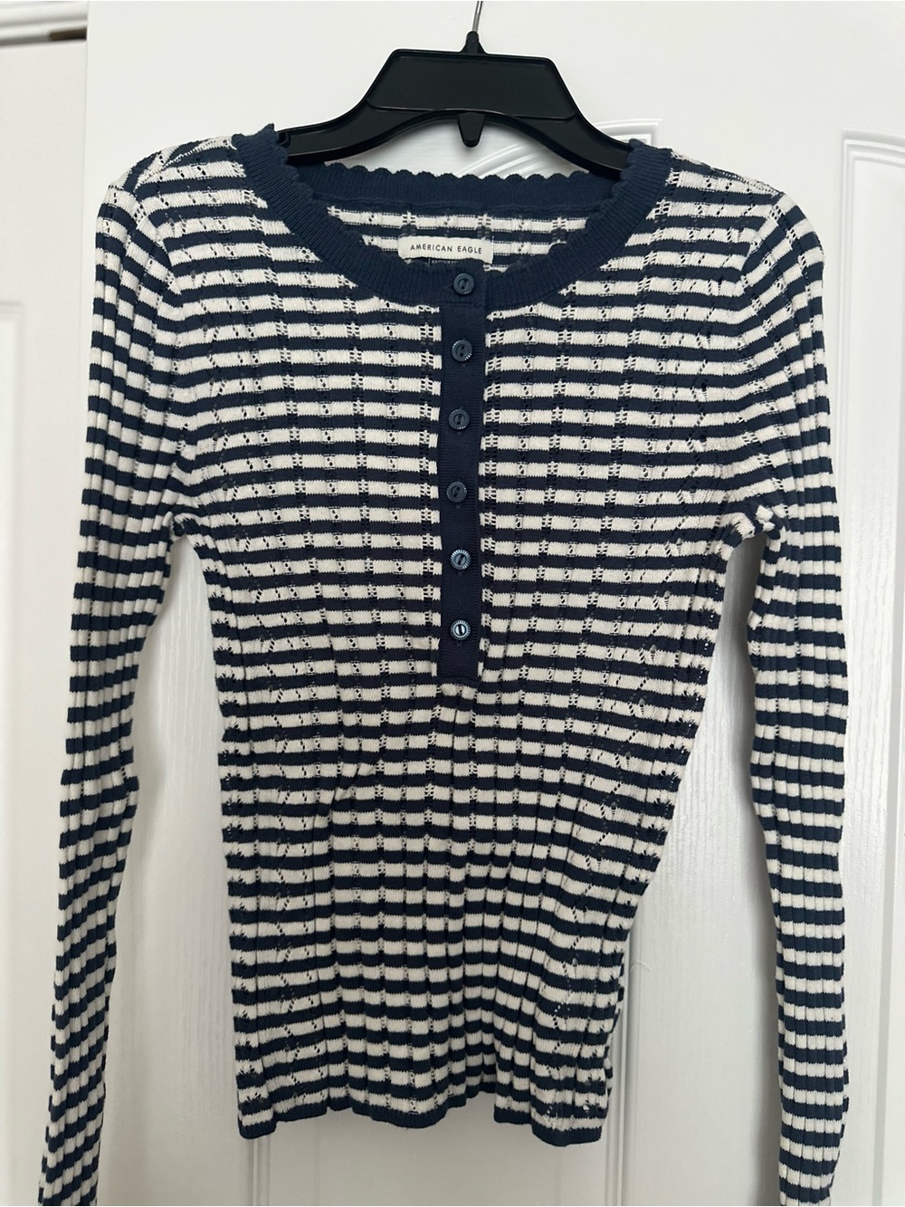 American Eagle Navy & White Striped Ribbed Henley Long Sleeve Knit Sweater XS